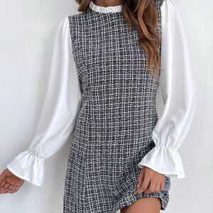 Black and White Elegant Women's Plaid Flounce Sleeve Frill Trim Tweed Dress